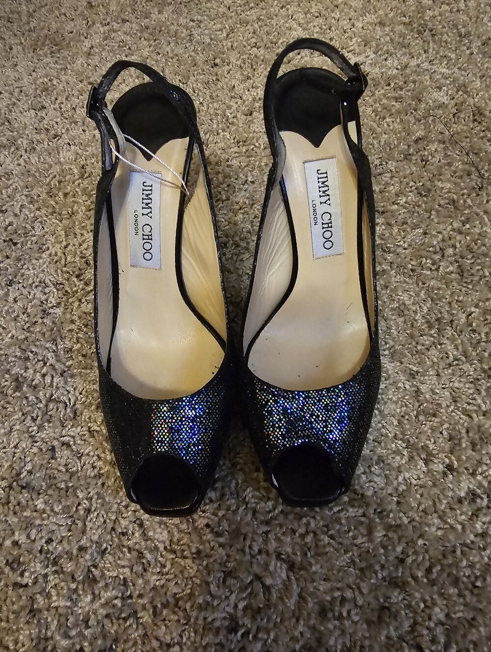 Jimmy Choo Glitter Peep Toe Sling Back Heels Size 38.5